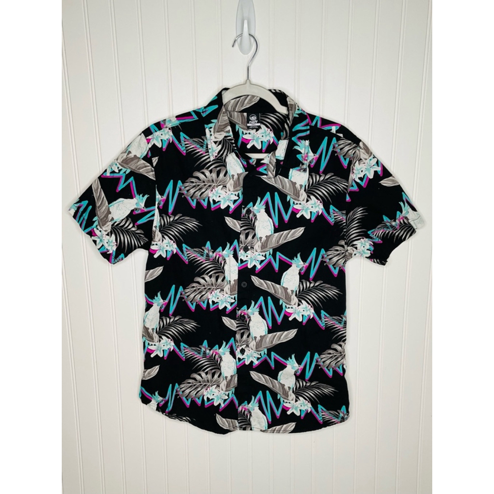 Men's Neff Button Down Shirt Size S Black Floral Print Short Sleeve 90s vibe MTV